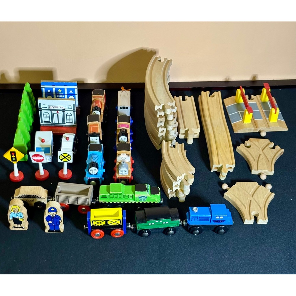 Thomas Wooden Railway Track Lot 40+ Pieces Trains Cars Town Expansion Mega Set